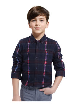 RARE ONES - Boys Bru Navy Blue Cotton Full Sleeve Button Down Oxford Checks Shirt - Rare Ones By Rare Rabbit