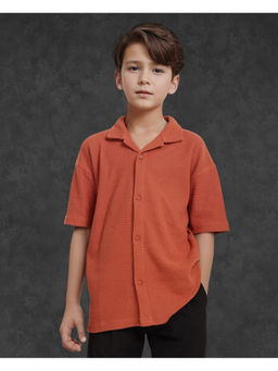 RARE ONES - Boys Colen Rust Jacquard Half Sleeves Collar Neck Boxy Fit Textured Shirt - Rare Ones By Rare Rabbit