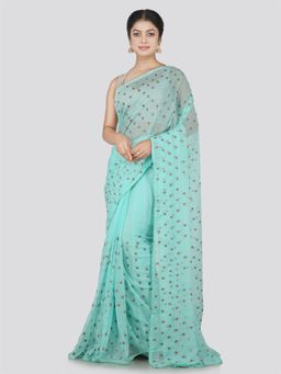 PinkLoom - Women's Chiffon Saree with Unstitched Blouse Piece, Turquoise