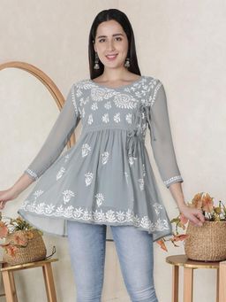 Seva Chikan - Hand Embroidery Grey Cotton Lucknowi Chikankari Kurti with Slip (Set of 2)