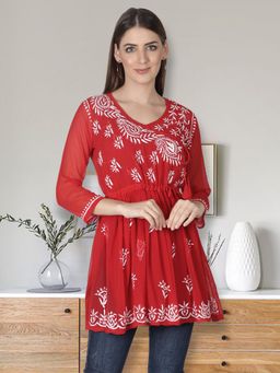 Seva Chikan - Hand Embroidery Red Cotton Lucknowi Chikankari Kurti with Slip (Set of 2)