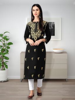 Seva Chikan - Hand Embroidered Black Cotton Lucknowi Chikankari Kurta