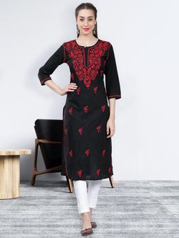 Seva Chikan - Hand Embroidered Black Cotton Lucknowi Chikankari Kurta