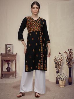 Seva Chikan - Hand Embroidered Black Cotton Lucknowi Chikankari Kurta