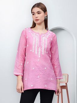 Seva Chikan - Hand Embroidered Pink Chanderi Lucknowi Chikankari Kurti with Inner (Set of 2)