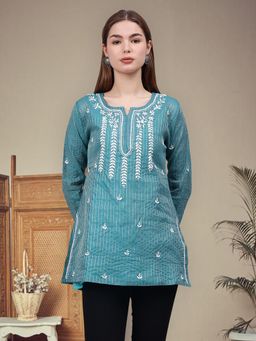 Seva Chikan - Hand Embroidered Green Chanderi Lucknowi Chikankari Kurti with Inner (Set of 2)