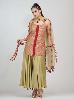 Shruti S - Gold Hand Painted And Embroidered Sharara (Set of 3)