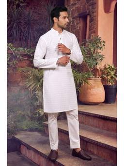 Jhambthread - Men'S Cotton White Designer Embroidery Work Kurta with Pant