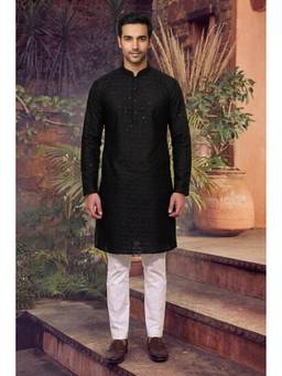 Jhambthread - Men'S Cotton Black Designer Embroidery Work Kurta with Pant