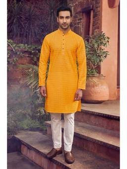 Jhambthread - Men'S Cotton Yellow Designer Embroidery Work Kurta with Pant