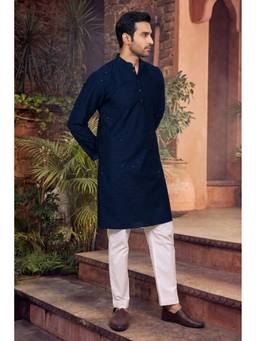 Jhambthread - Men'S Cotton Blue Designer Embroidery Work Kurta with Pant