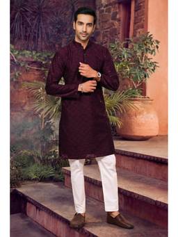 Jhambthread - Men'S Cotton Purple Designer Embroidery Work Kurta with Pant