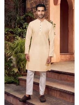 Jhambthread - Men'S Cotton Cream Designer Embroidery Work Kurta with Pant