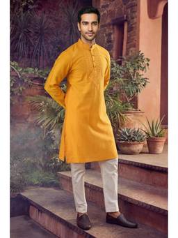 Jhambthread - Men'S Jacquard Silk Yellow Designer Embroidery Work Kurta with Pant