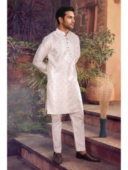 Jhambthread - Men'S Jacquard Silk White Designer Embroidery Work Kurta with Pant