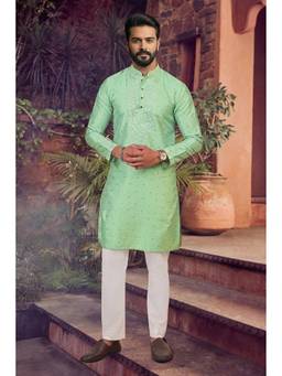 Jhambthread - Men'S Jacquard Silk Green Designer Embroidery Work Kurta with Pant