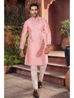 Jhambthread - Men'S Jacquard Silk Pink Designer Embroidery Work Kurta with Pant