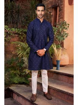 Jhambthread - Men'S Jacquard Silk Blue Designer Embroidery Work Kurta with Pant