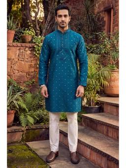 Jhambthread - Men'S Jacquard Silk Teal Designer Embroidery Work Kurta with Pant
