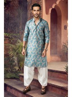 Jhambthread - Men'S Blended Cotton Blue Designer Printed Kurta with Payjama