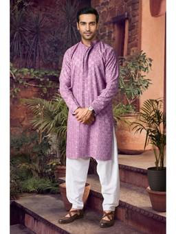 Jhambthread - Pink Men's Viscose Rayon Pink Designer Embroidery Work Kurta with Pyjama