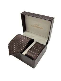 The Tie Hub - Men Brown Printed Microfiber Necktie and Pocket Square Gift Set