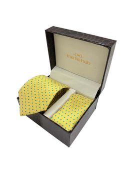 The Tie Hub - Men Yellow with Blue Polka Dot Microfiber Necktie and Pocket Square Gift Set