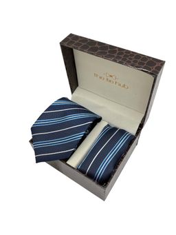 The Tie Hub - Men Navy Blue Striped Microfiber Necktie and Pocket Square Gift Set