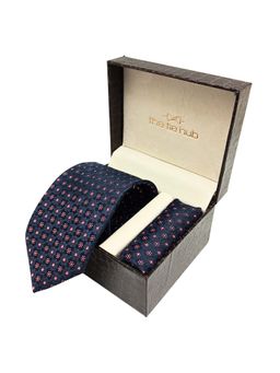 The Tie Hub - Men Navy Blue Floral Microfiber Necktie with Pocket Square Gift Set