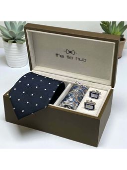 The Tie Hub - Men Navy Blue Polka Dot Necktie with Pocket Square and Cufflinks Gift Set