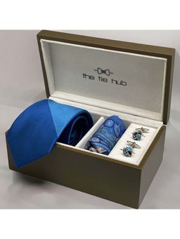 The Tie Hub - Men Blue Dual Necktie with Pocket Square and Cufflinks Gift Set