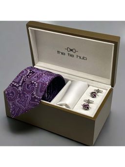 The Tie Hub - Men Purple Paisley Necktie with Pocket Square and Cufflinks Gift Set