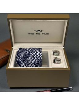 The Tie Hub - Men Navy Blue Checkered Necktie and Cufflinks Gift Set