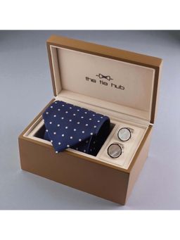 The Tie Hub - Men Navy Blue Polka Dot Silk Necktie and Cufflinks Gift Set