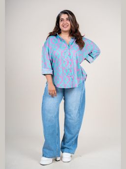 The Indian Ethnic Co. - Ruhi Aqua Blue Printed Cotton Straight Shirt