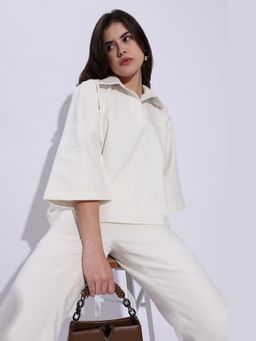 Maba India - Pure Cotton Canvas White Loose Fit Polo Shirt