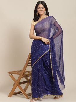 ISHIN - Womens Poly Chiffon Navy Blue Embellished Saree with Unstitched Blouse