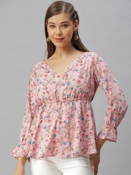 SHOWOFF - Women V-Neck Floral Pink Regular Top