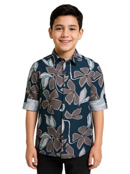 CHARCHIT - Boys Navy Blue Full Sleeves Floral Printed Shirt