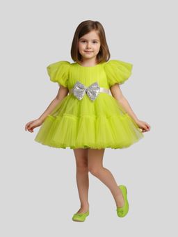 Pink Cow - Lime Green Layered Party Wear Dress with Belt