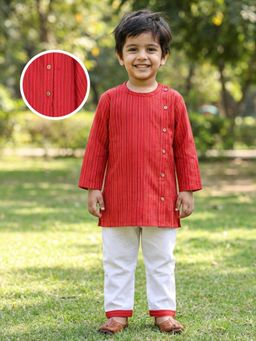 Desi Soota - Boys Red Cotton Katha Kurta with Pyjama