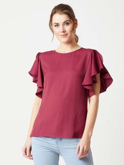 Miss Chase - Women's Maroon Round Neck Solid Ruffled Top