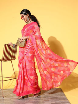 Odette - Light Red Sequence Printed Georgette Saree with Unstitched Blouse