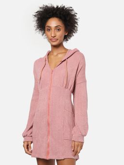 PINACOLADA - Womens Cotton Textured Peach Regular Fit Long Zipper Hoodie Dress