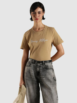 Tommy Hilfiger - Embroidered Logo Regular Fit Cotton T-Shirt Brown