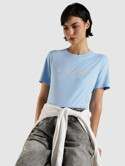 Tommy Hilfiger - Embroidered Logo Regular Fit Cotton T-Shirt Blue