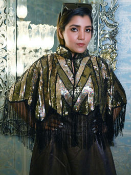 Odette - Black & Gold Net Beads Sequins Tasselled Cape For Women