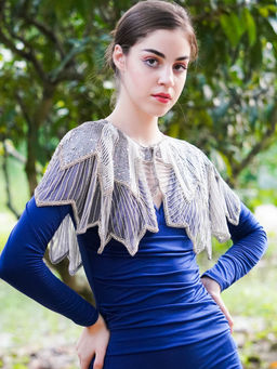 Odette - Women The Glamorous Grey And White Embroidered Cape