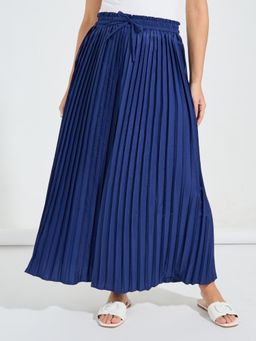 Styli - Women Navy Blue Solid Wide Leg Paper Bag Waist Pleated Palazzo