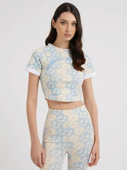 Guess - Women Blue Printed Round Neck Short Sleeves Crop Top